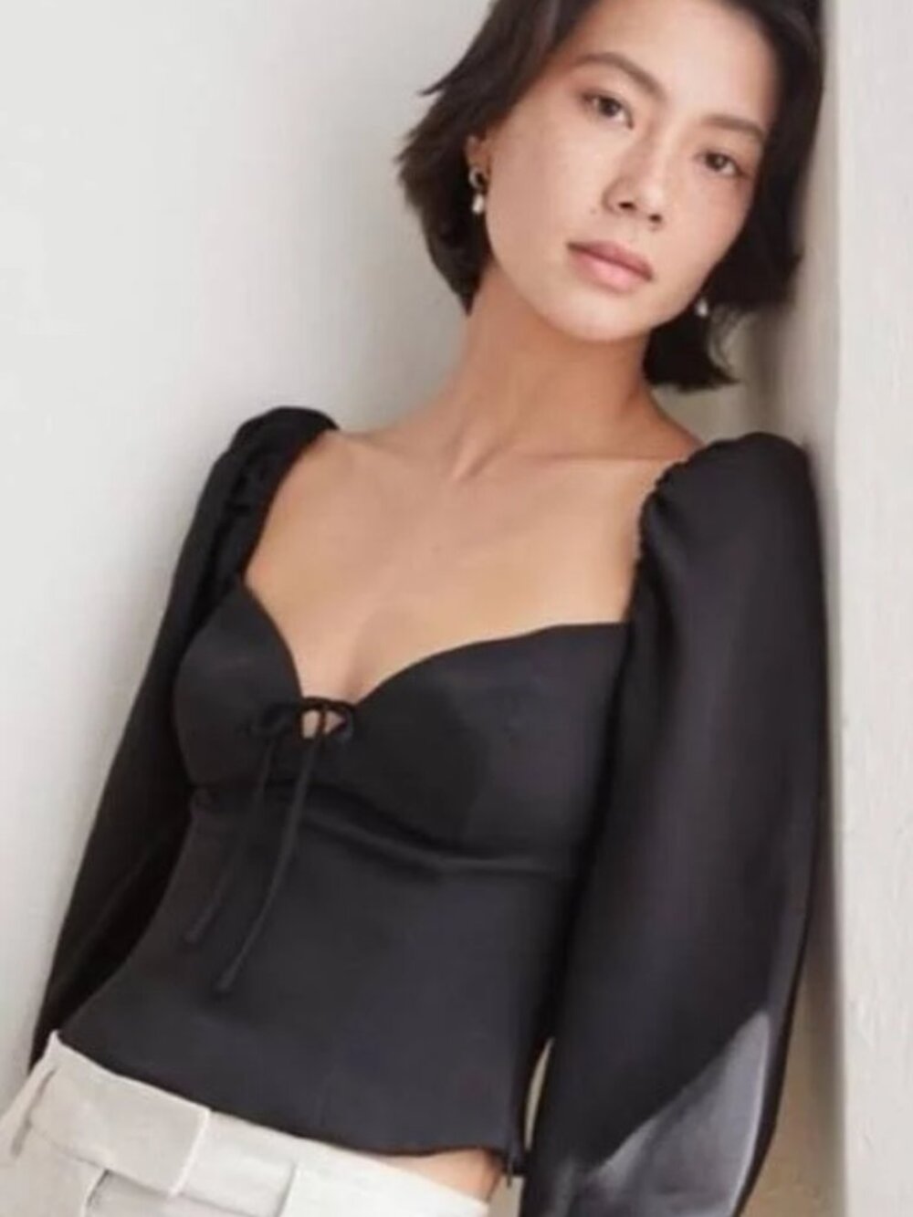 Wilfred Aritzia Novella Puff Sleeve Sweetheart Neckline Blouse Black Women's XS